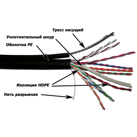 Кабель UTP, 10 пар, Кат. 5e, внешний, с тросом, черный, 305м в кат., TWT-5EUTP10-OUT-TR 