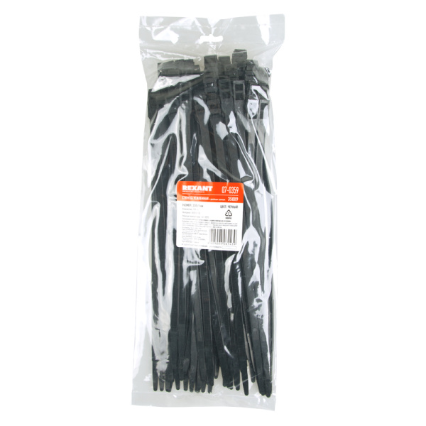 хомут-стяжка нейлоновая усиленная с двойным горизонтальным замком rexant 350x9,0 мм, черная, упаковк Хомут-стяжка нейлоновая усиленная с двойным горизонтальным замком REXANT 350x9,0 мм, черная, упаковк фото