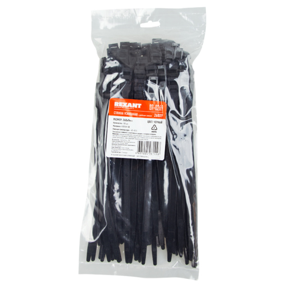 хомут-стяжка нейлоновая усиленная с двойным горизонтальным замком rexant 260x9,0 мм, черная, упаковк Хомут-стяжка нейлоновая усиленная с двойным горизонтальным замком REXANT 260x9,0 мм, черная, упаковк фото