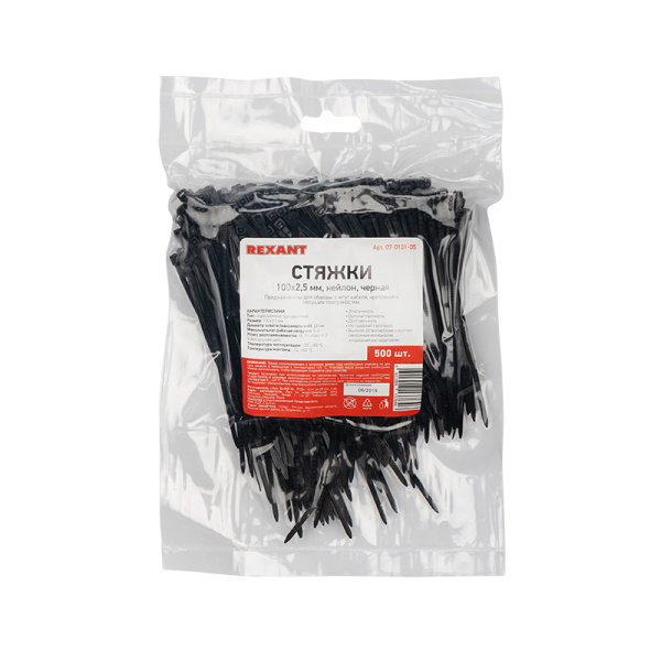 стяжка нейлоновая 100x2,5 мм, черная (упак. 500 шт.) rexant Стяжка нейлоновая 100x2,5 мм, черная (упак. 500 шт.) REXANT фото
