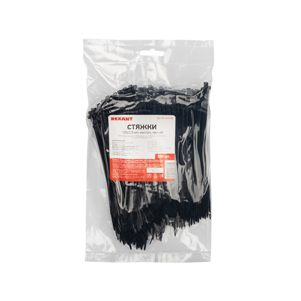 стяжка нейлоновая 150x2,5 мм черная (упак. 500 шт.) rexant Стяжка нейлоновая 150x2,5 мм черная (упак. 500 шт.) REXANT фото