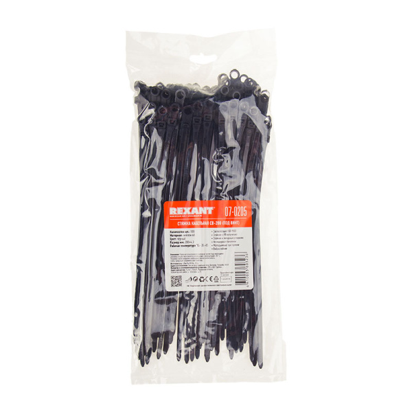 Хомут-стяжка нейлоновая под винт REXANT 200x4,3 мм, черная, упаковка 100 шт. фото