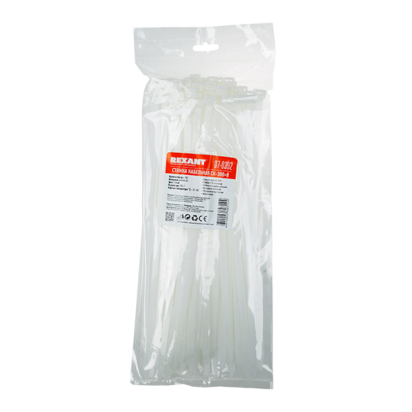 Хомут-стяжка кабельная нейлоновая REXANT 300 x7,6мм, белая, упаковка 100 шт. фото