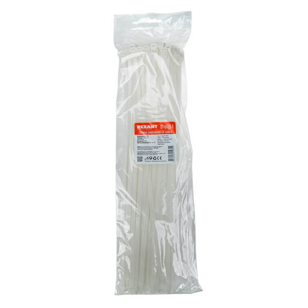 Хомут-стяжка кабельная нейлоновая REXANT 450 x7,6мм, белая, упаковка 100 шт. фото