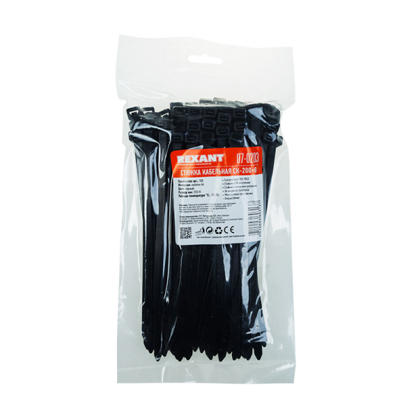 хомут-стяжка кабельная нейлоновая rexant 200 x7,6мм, черная, упаковка 100 шт. Хомут-стяжка кабельная нейлоновая REXANT 200 x7,6мм, черная, упаковка 100 шт. фото