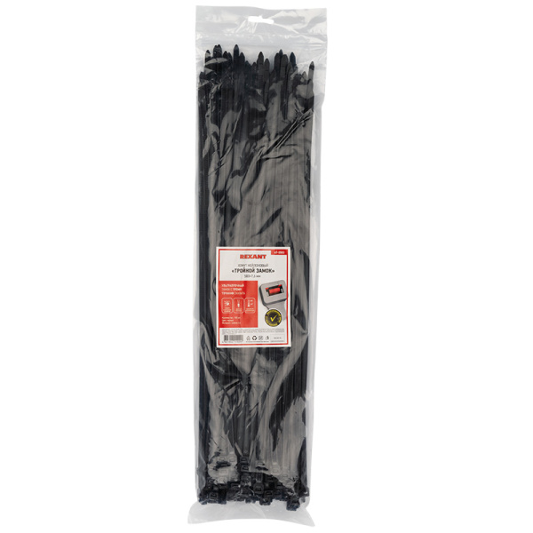 хомут-стяжка нейлоновая с тройным замком rexant 500x7,6 мм, черная, упаковка 100 шт. Хомут-стяжка нейлоновая с тройным замком REXANT 500x7,6 мм, черная, упаковка 100 шт. фото