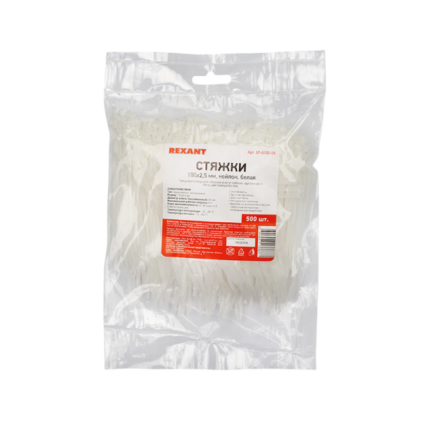 стяжка нейлоновая 100x2,5 мм, белая (упак.500 шт.) rexant Стяжка нейлоновая 100x2,5 мм, белая (упак.500 шт.) REXANT фото