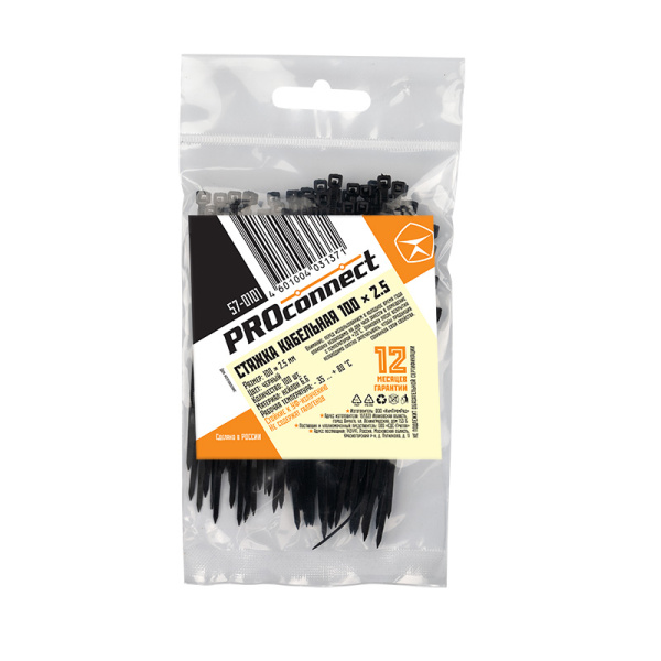Хомут-стяжка кабельная нейлоновая PROconnect 100 x2,5мм, черная, упаковка 100 шт. фото